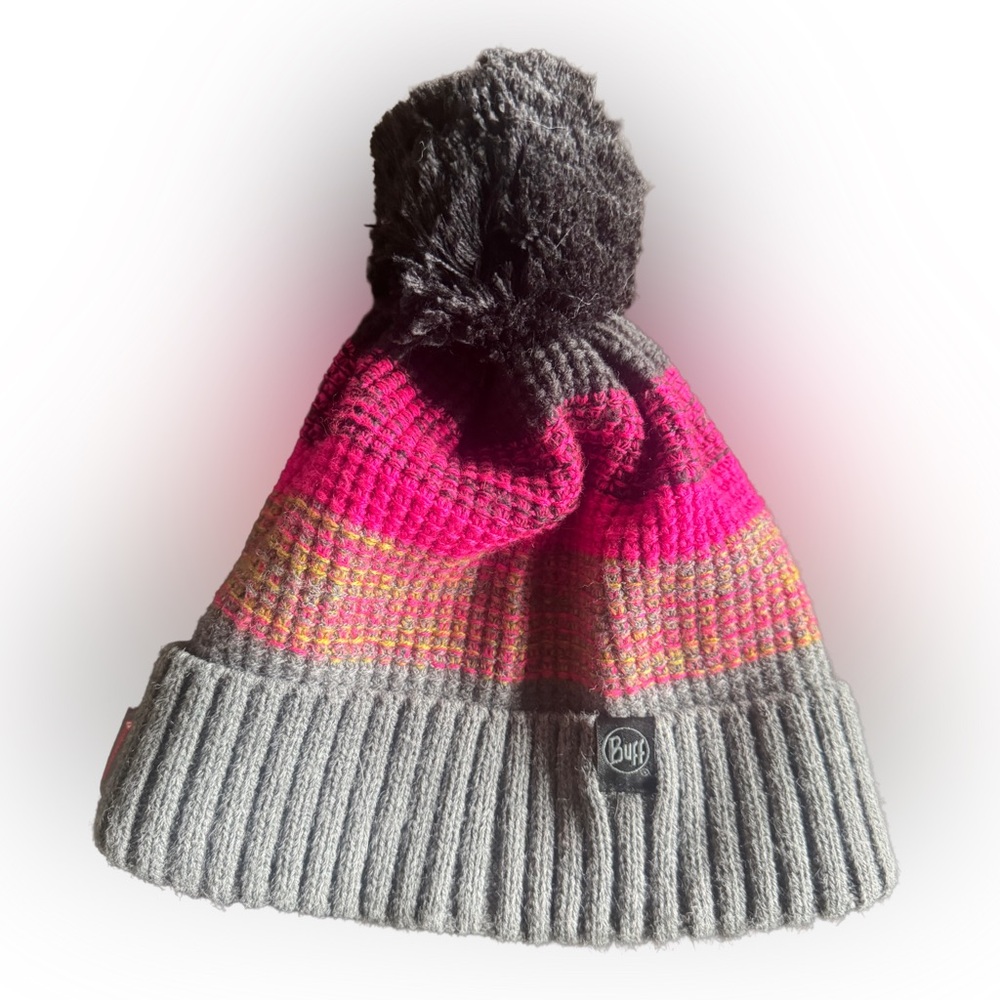 BUFF Pink and Gray Knit Beanie with Pom-Pom Fleece Lined